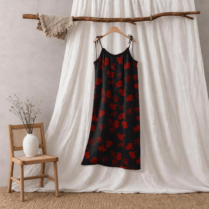 Ginkgo Leaf Tie Strap Lounge Midi Dress - Black & Red - XL - image 65
