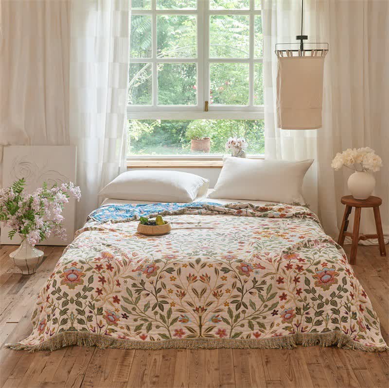 Floral Cotton Muslin Tassel Reversible Quilt - King - image 1