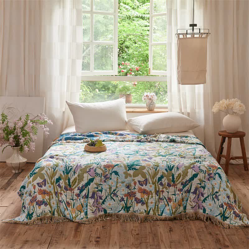 Muslin Botanical Tassel Reversible Blanket Quilt - image 1