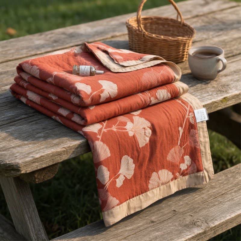 Red Ginkgo Leaf Pattern Cotton Blanket - Terracotta Red - 90" x 92" - image 0