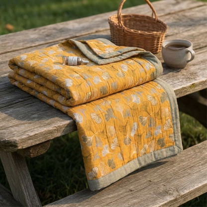 Golden Ginkgo Reversible Cotton Blanket - Orange - 90" x 92" - image 0