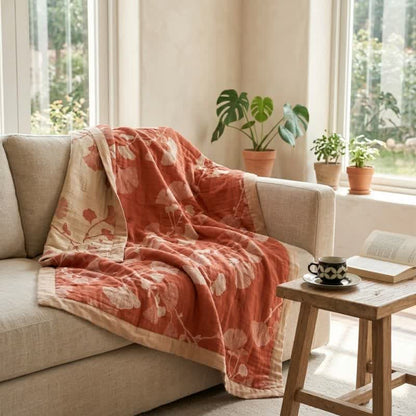 Red Ginkgo Leaf Pattern Cotton Blanket - image 2