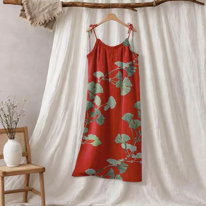 Ginkgo Leaf Tie Strap Maxi Lounge Dress - Red & Green - XL - image 0