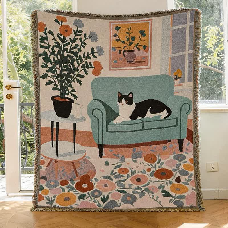 Boho Cat Woven Fringe Throw Blanket - image 2