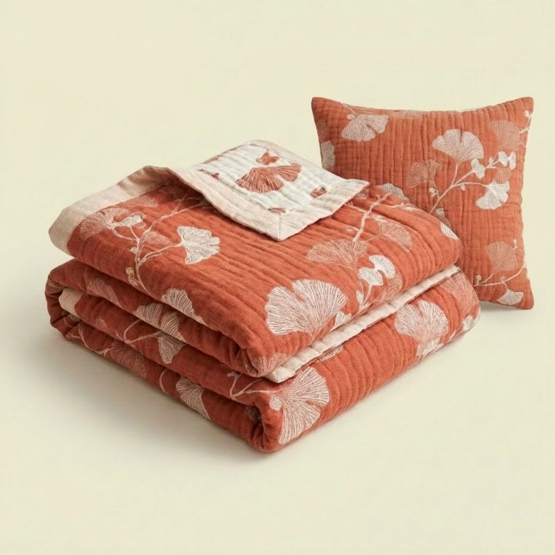 Red Ginkgo Leaf Pattern Cotton Blanket - image 2
