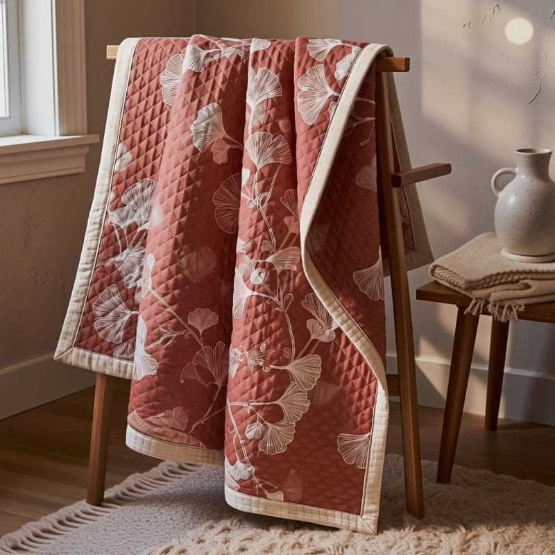 Red Ginkgo Leaf Pattern Cotton Blanket - image 5