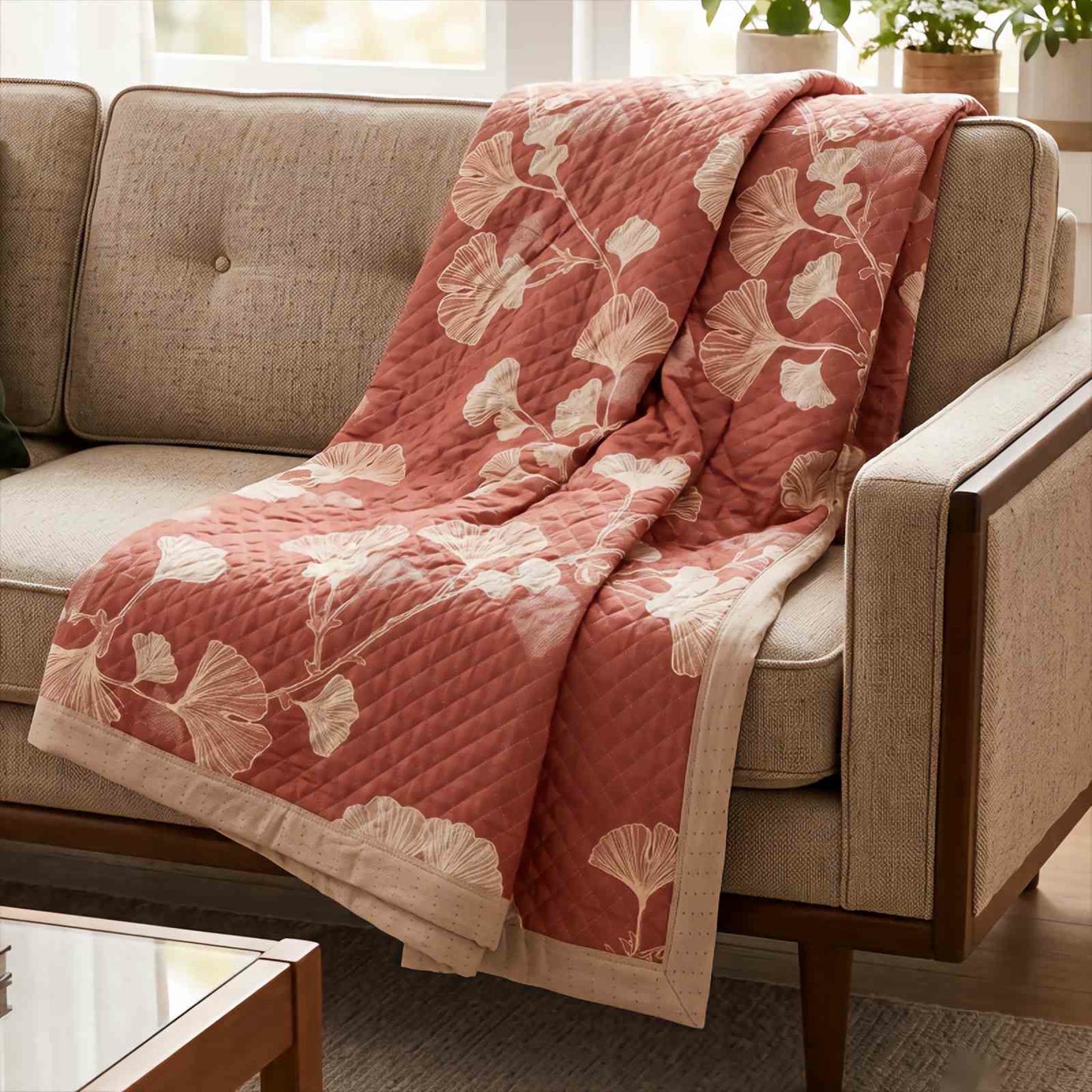 Red Ginkgo Leaf Pattern Cotton Blanket - image 9