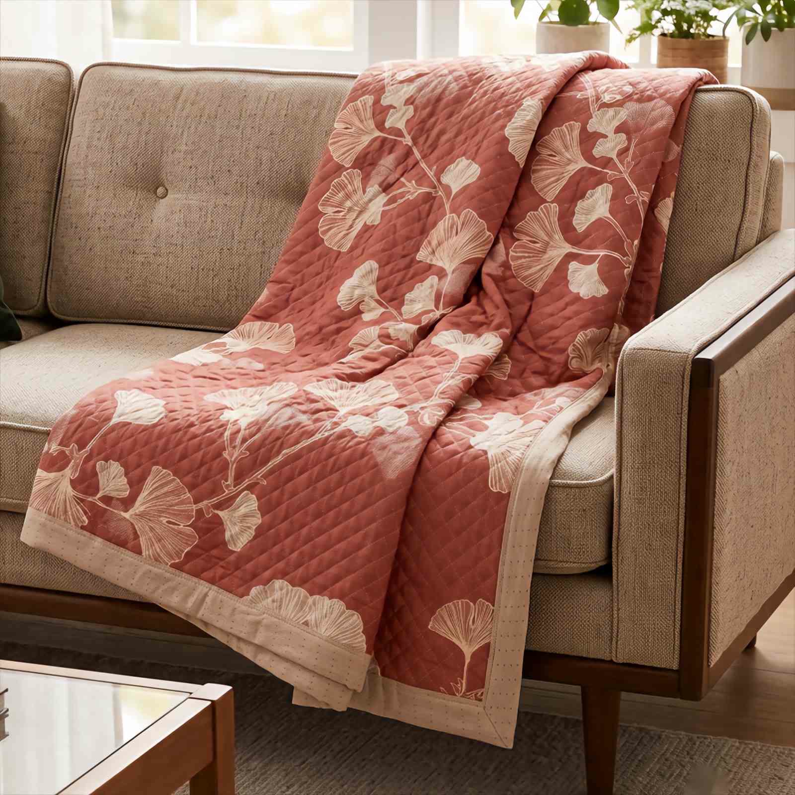 Red Ginkgo Leaf Pattern Cotton Blanket - image 9