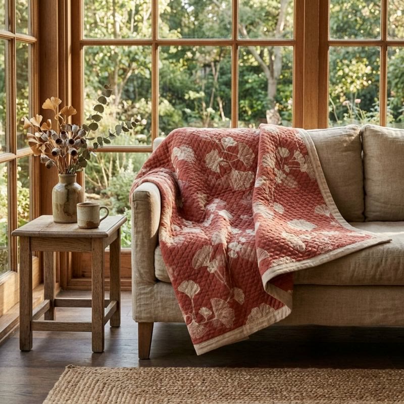 Red Ginkgo Leaf Pattern Cotton Blanket - image 6