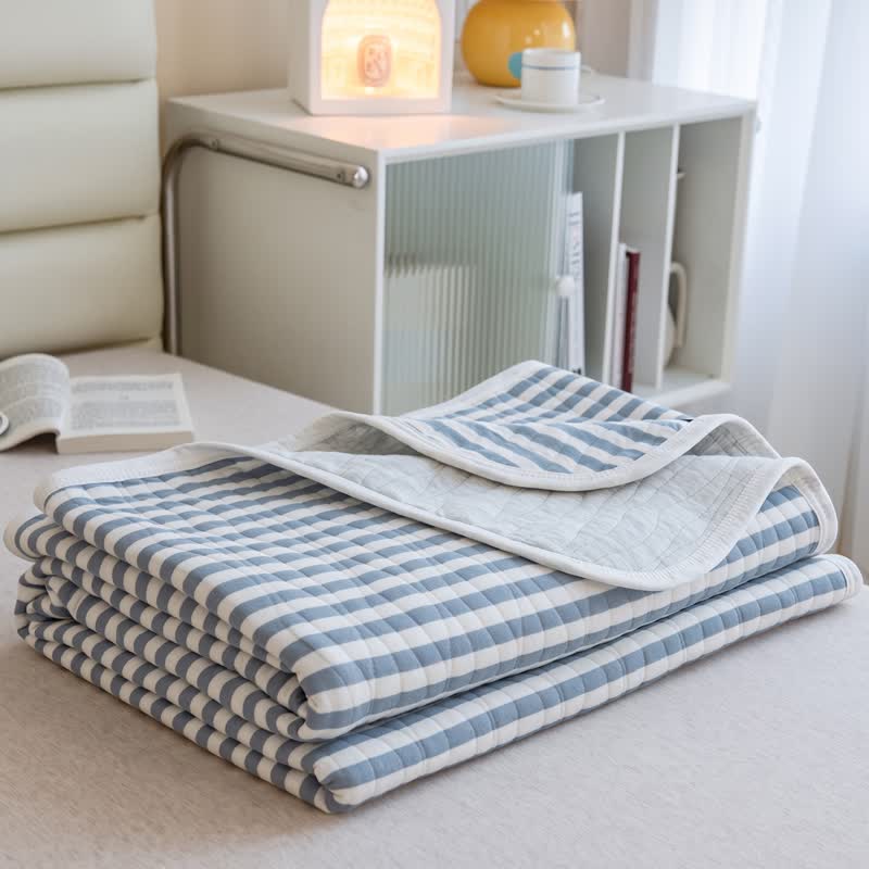 Blush Stripe Quilted Cotton Summer Quilt - Blue - 79" × 91" - image 7