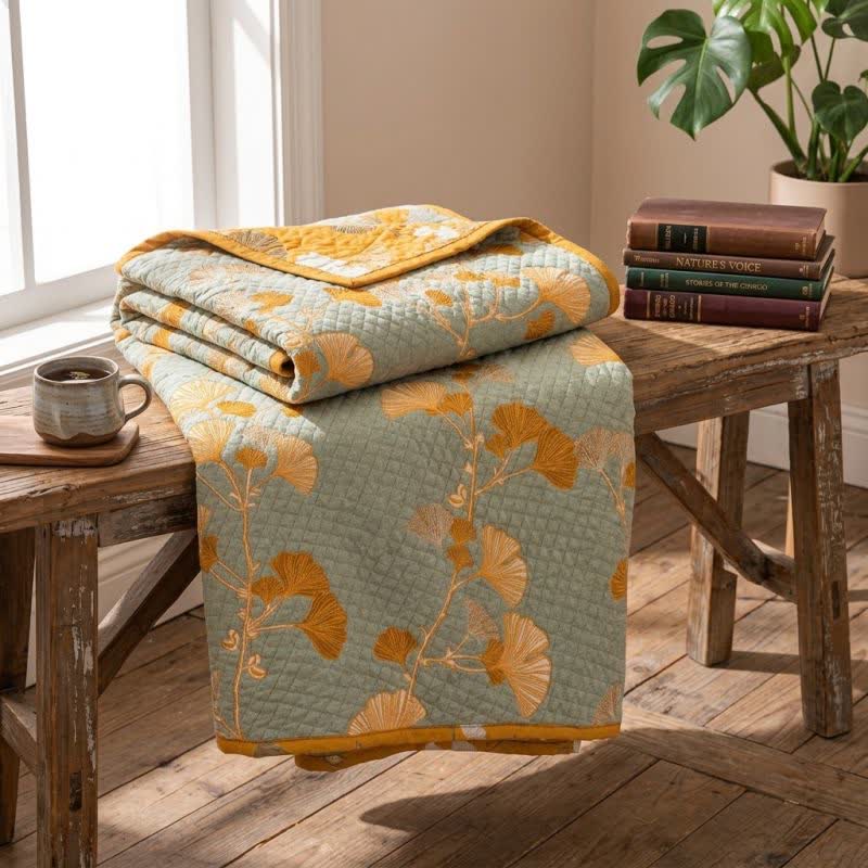 Reversible Ginkgo Botanical Quilted Blanket - Grey - 90" x 92" - image 0