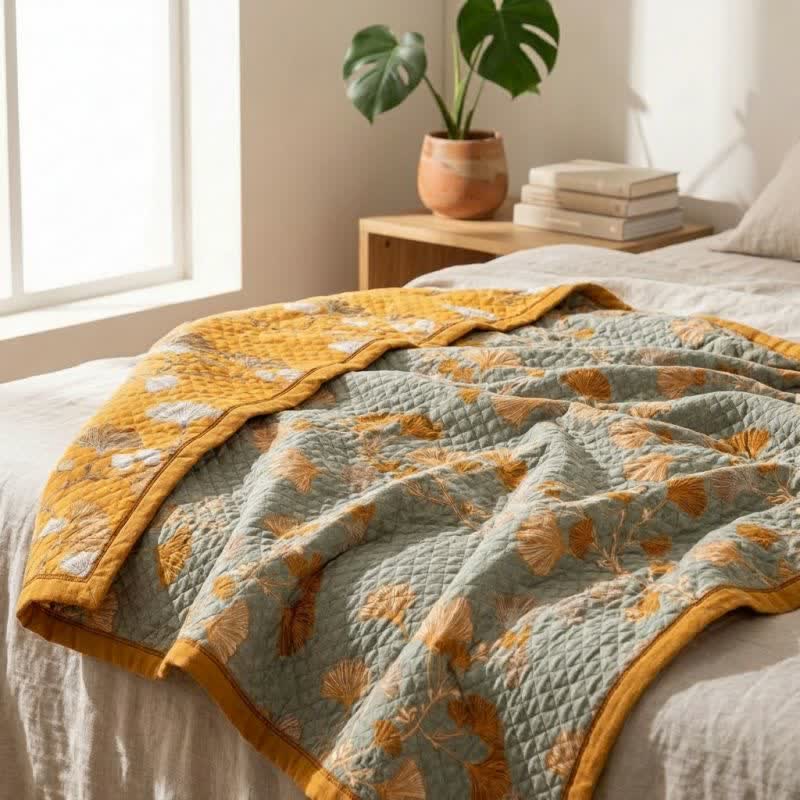 Reversible Ginkgo Botanical Quilted Blanket - image 3