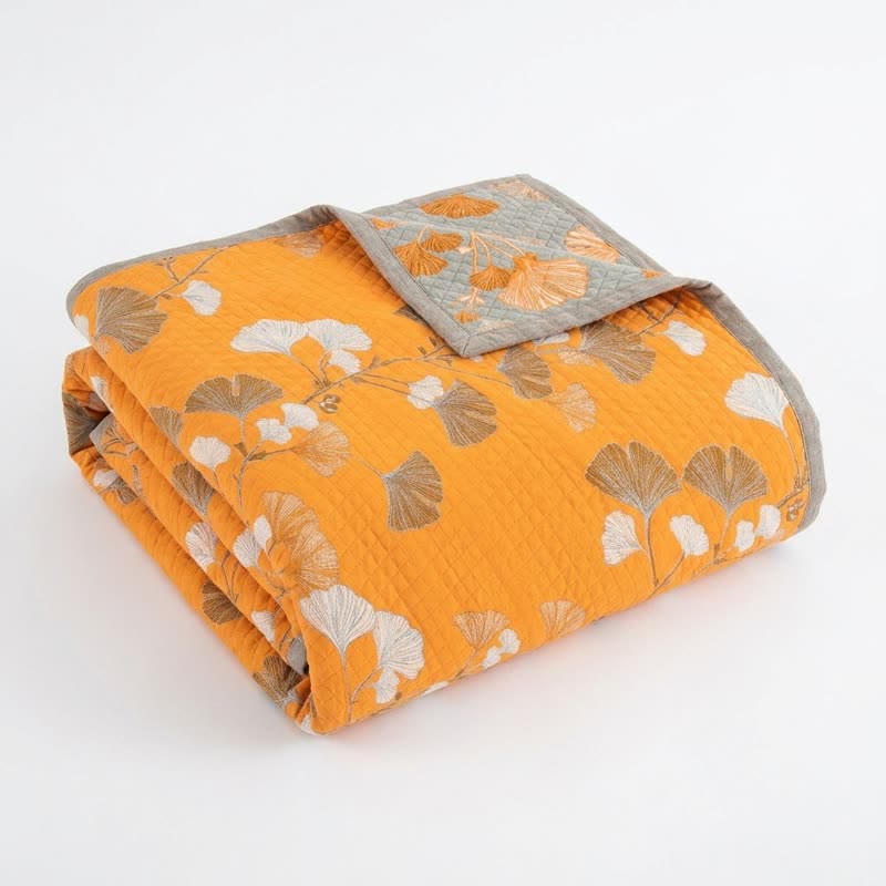 Reversible Ginkgo Botanical Quilted Blanket - Orange - 90" x 92" - image 5