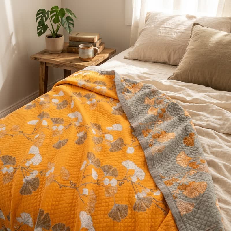 Reversible Ginkgo Botanical Quilted Blanket - image 9