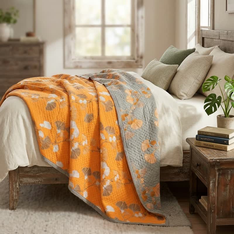 Reversible Ginkgo Botanical Quilted Blanket - image 10