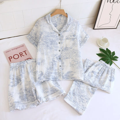 Watercolor 3-Piece Cotton Gauze Pajama Set - Blue - XL - image 0