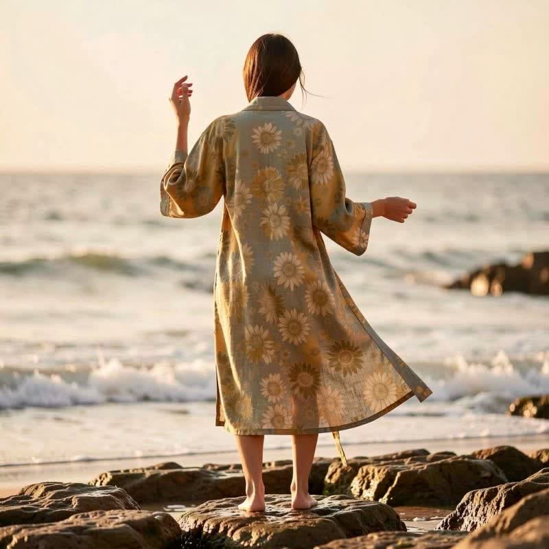 Vintage Sunflower Cotton Kimono Bathrobe - image 4