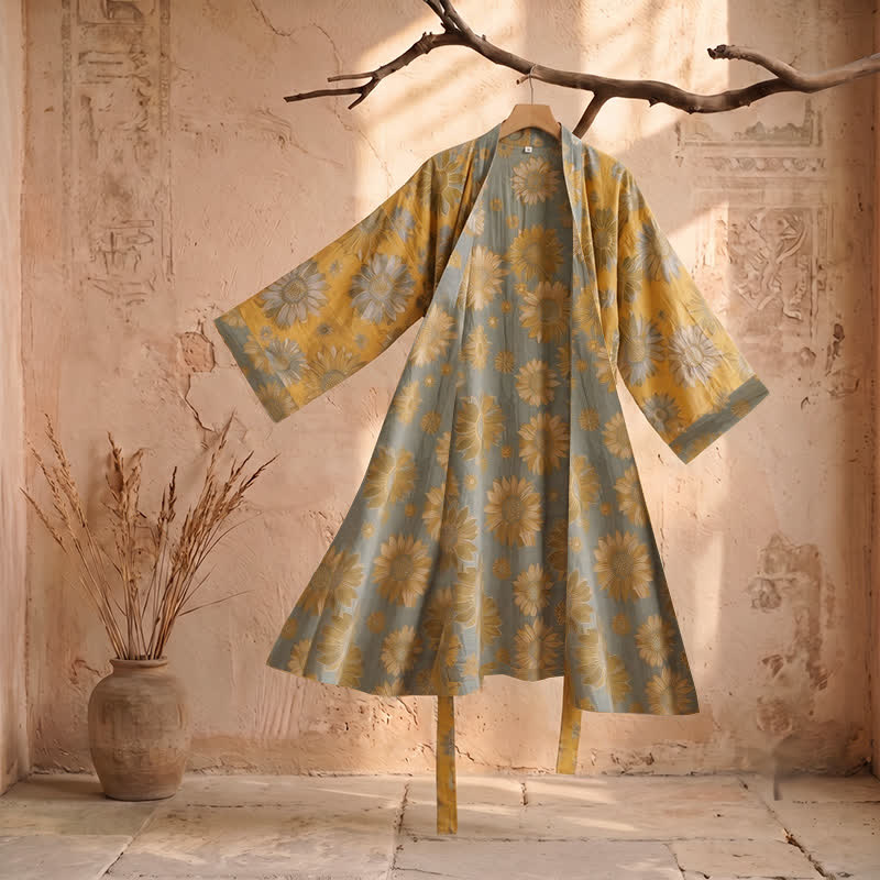Vintage Sunflower Cotton Kimono Bathrobe - Orange - 2XL - image 0