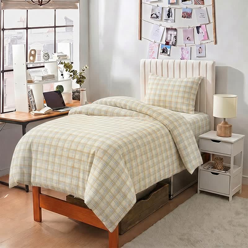 Thick Thin Plaid Dorm Bedding Set - Twin XL - Beige Plaid - 5-Piece Complete Set - image 0
