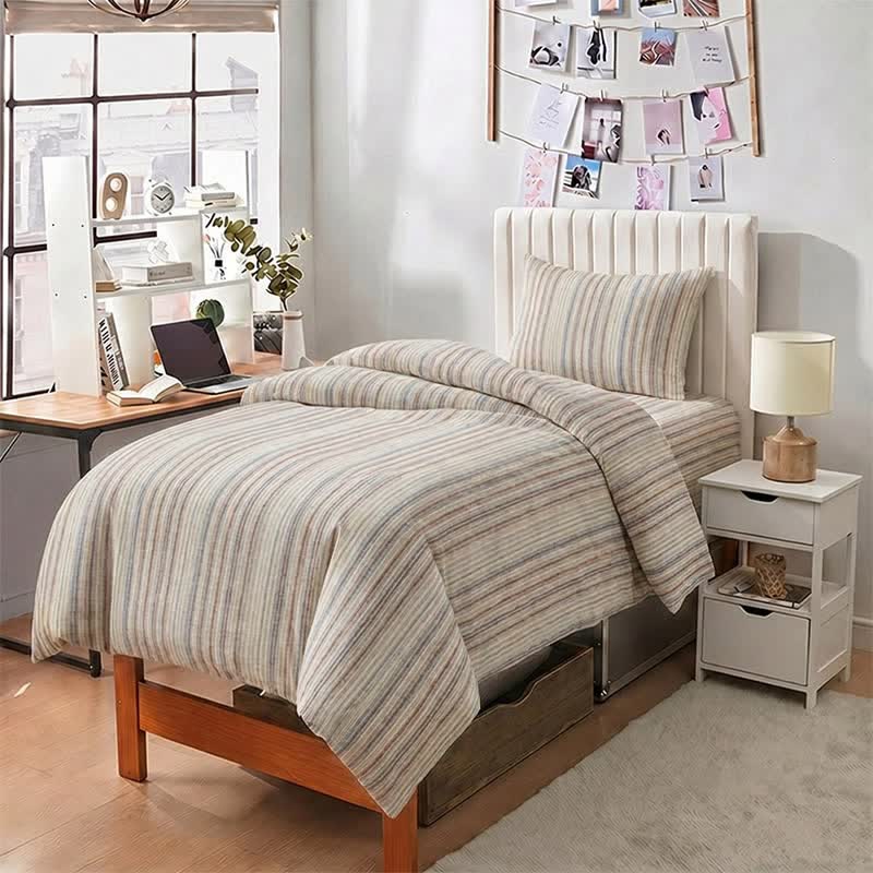 Minimalist Fine Stripe Neutral College Bedding Set - image 3