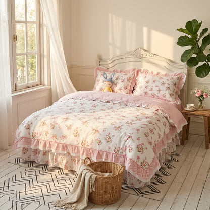 Vintage Floral Ruffle Cotton Bedding Set - image 1