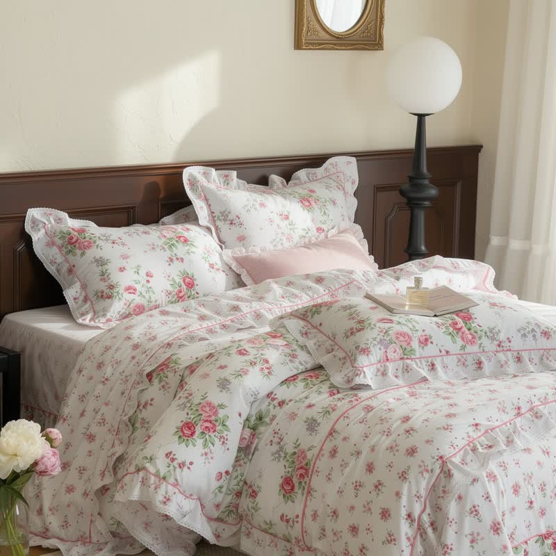 Romantic Rose Ruffle Bedding Set - White - 4PCS Bedding Set - Queen - image 0