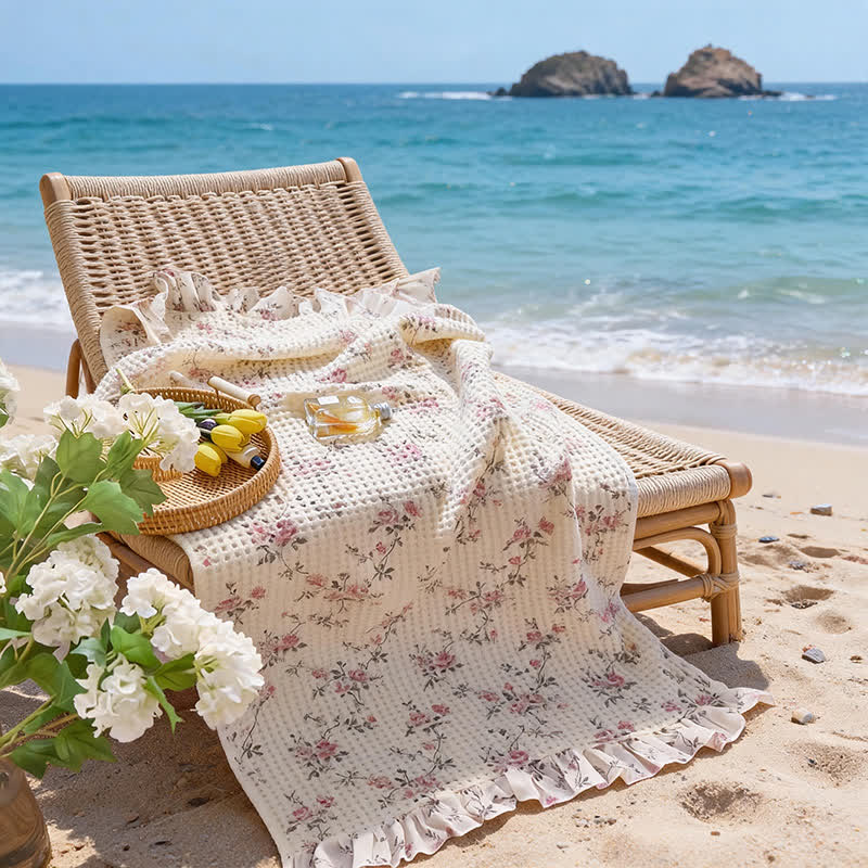 Cottagecore Ruffle Waffle Cotton Beach & Bath Towel - Pink - 2PCS - 19"W x 39"L & 27"W x 55"L - image 0