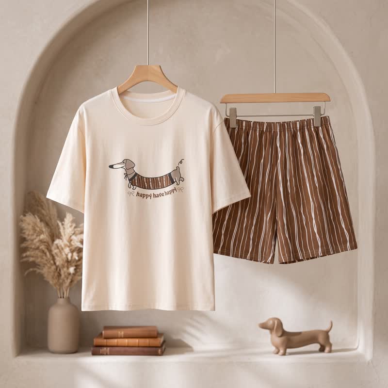 Walking Dachshund Cotton Lounge Set - White & Coffee - 3XL - image 0