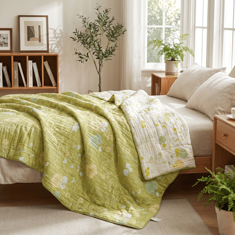Soft Green Floral Reversible Cotton Quilt - image 5