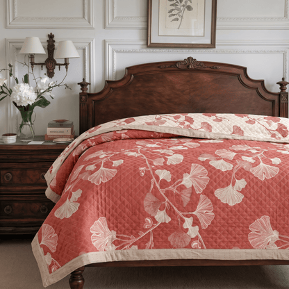 Red Ginkgo Leaf Pattern Cotton Blanket - image 3