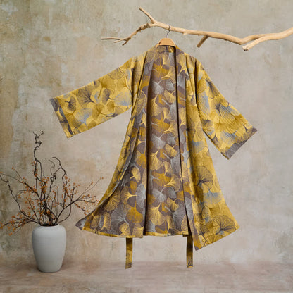 Vintage Ginkgo Leaf Cotton Double Gauze Robe - Yellow - 2XL - image 0