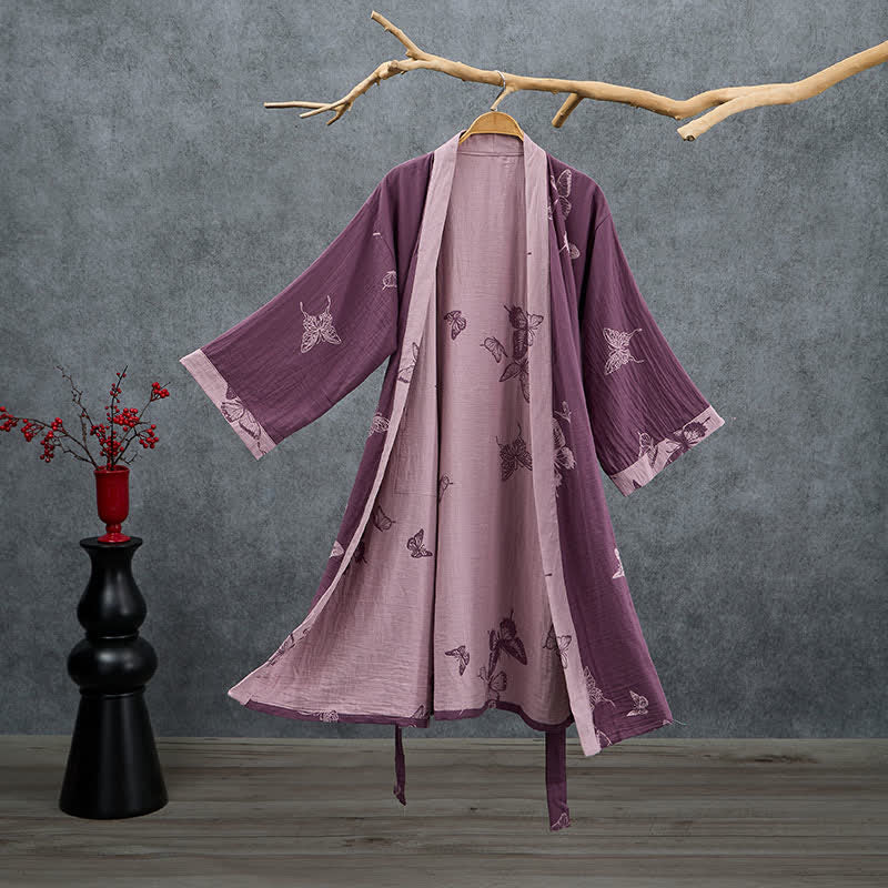 Butterfly Cotton Double Gauze Kimono Robe - Plum Purple - 2XL - image 0