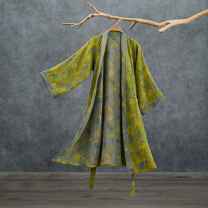Green Gray Ginkgo Leaf Cotton Kimono Robe - Green - 2XL - image 0