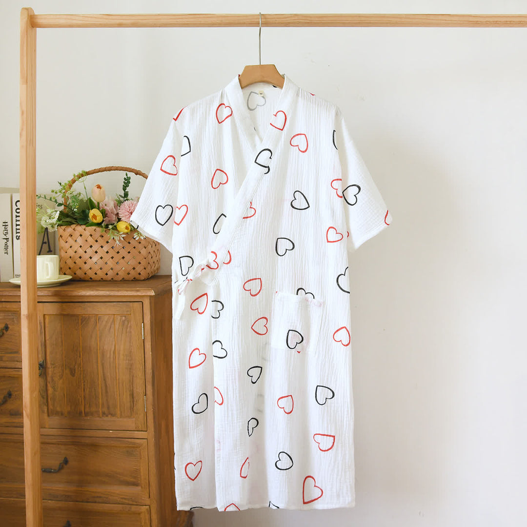 Heart Print Muslin Kimono Lounge Robe - Beige - L - image 0