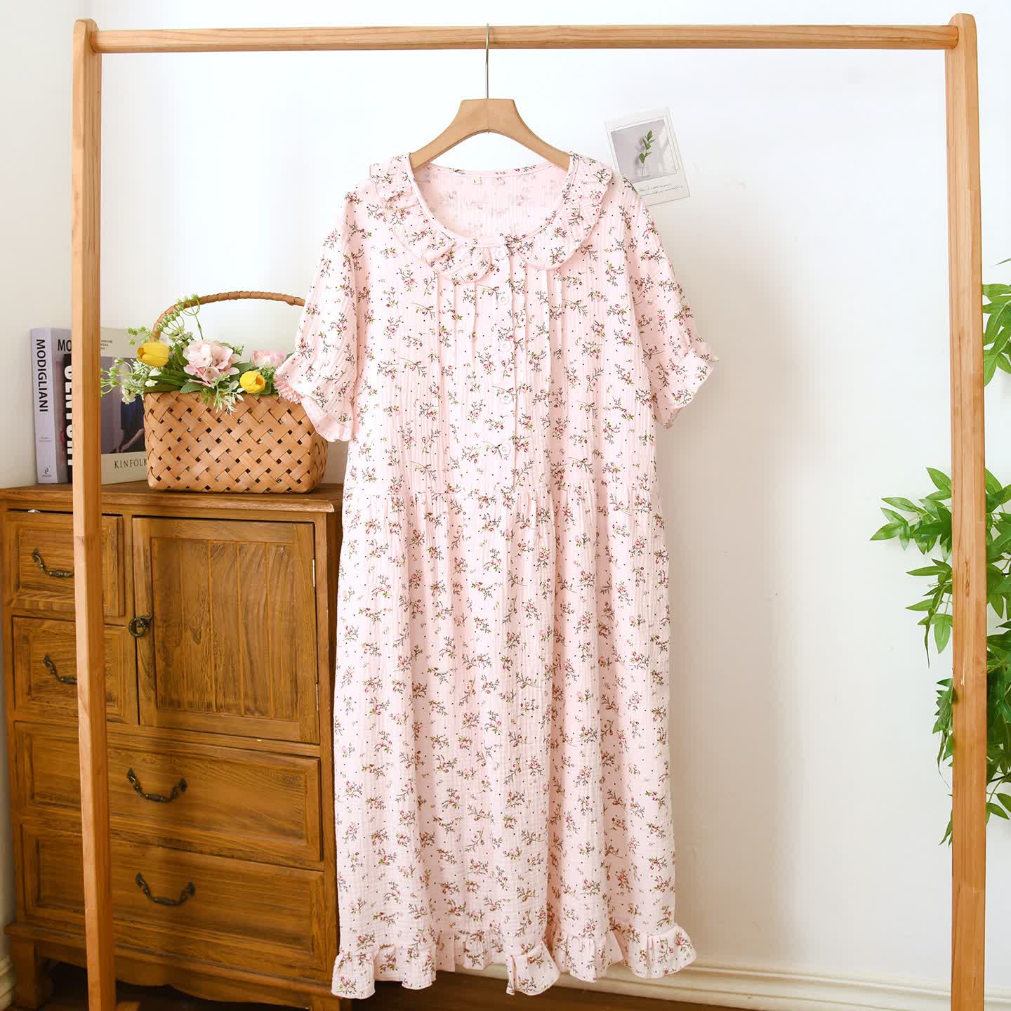 Dainty Floral Ruffle Collar Cotton Muslin Nightgown - Pink - XL - image 0