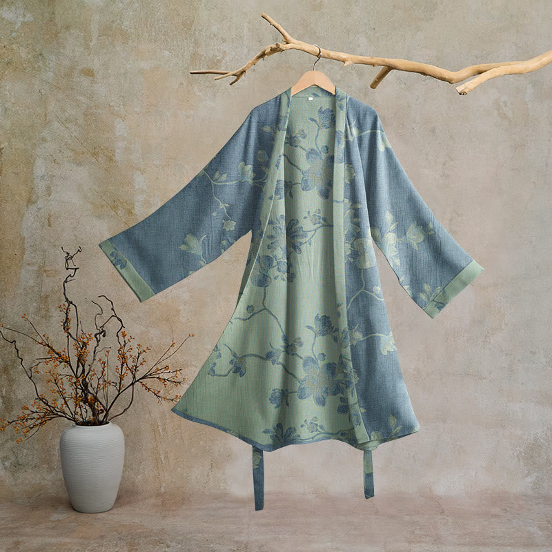 Sage Blue Floral Cotton Kimono Robe - Blue & Sage - 2XL - image 0