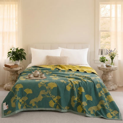 Nordic Ginkgo Leaf Reversible Cotton Quilt - Green - Quilt - Cal King - image 0