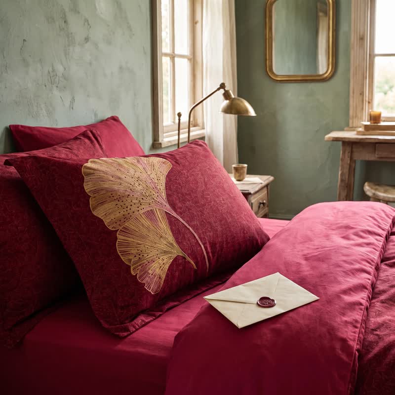 Deep Red Ginkgo Leaf Cotton Bedding Set - image 5