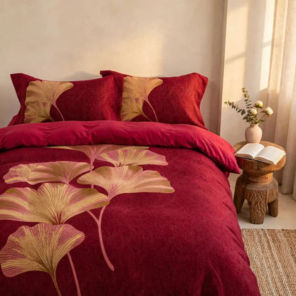 Deep Red Ginkgo Leaf Cotton Bedding Set - image 2