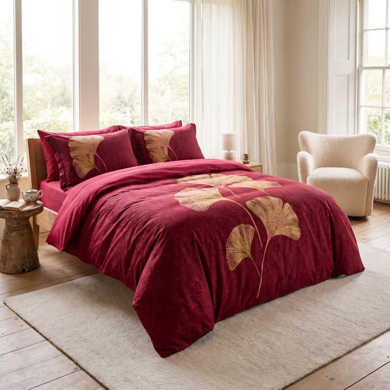 Deep Red Ginkgo Leaf Cotton Bedding Set - image 1