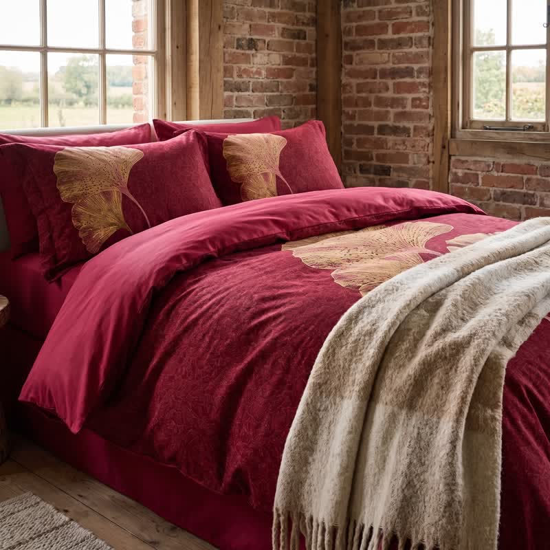 Deep Red Ginkgo Leaf Cotton Bedding Set - image 4