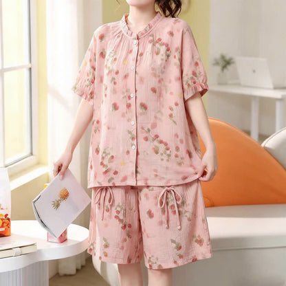 Plus Size Floral Cotton Gauze Short Pajama Set - Pink - 5XL - image 0