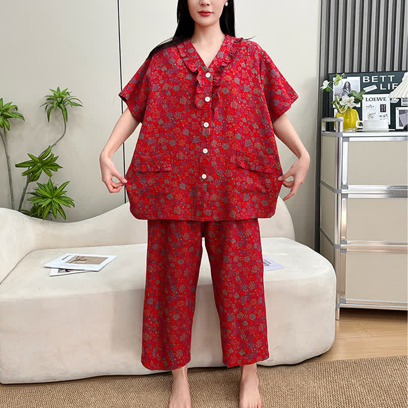 Plus Size Ruffle Trim Cropped Capri Loungewear Set - image 2
