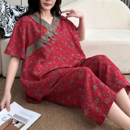 Plus Size Floral Cropped Capris Pants Loungewear - Red - 5XL - image 0