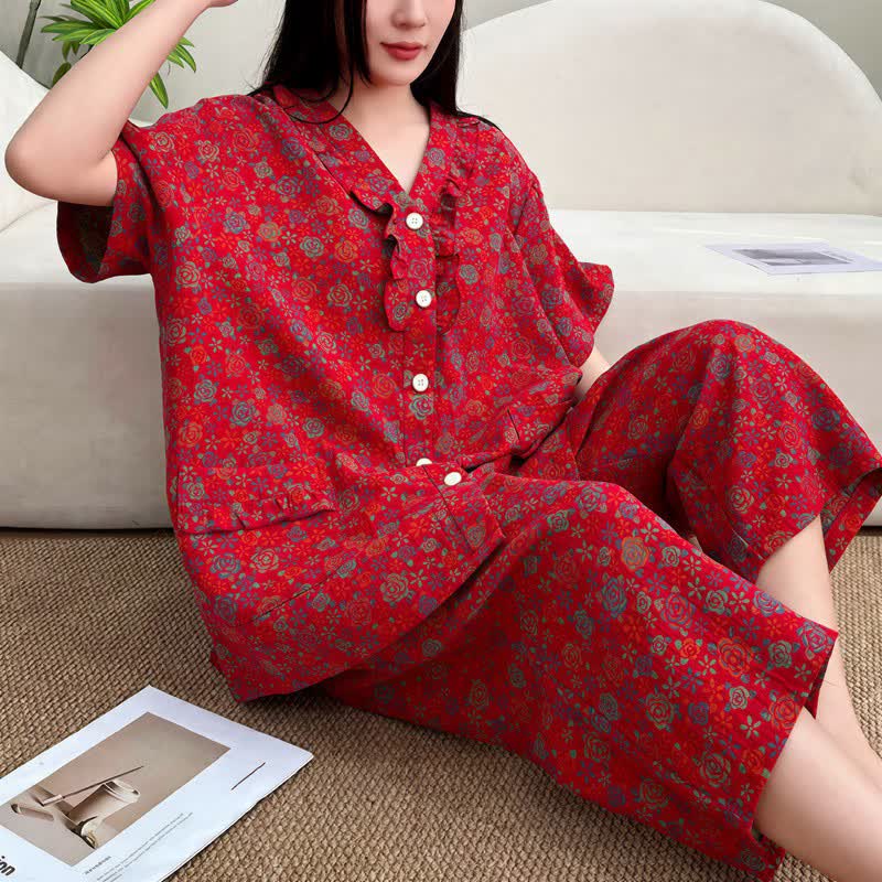 Plus Size Ruffle Trim Cropped Capri Loungewear Set - Red - 5XL - image 0