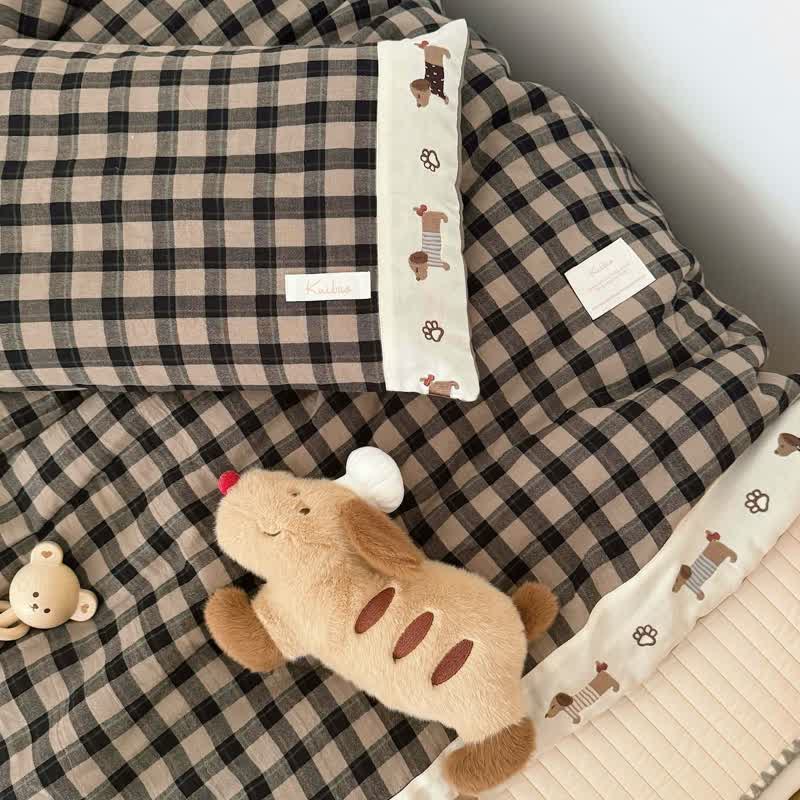 Cozy Khaki Gingham Quilt  with Puppy Embroidery - Brown - 2pcs Pillowcases - 19" × 29" - image 5