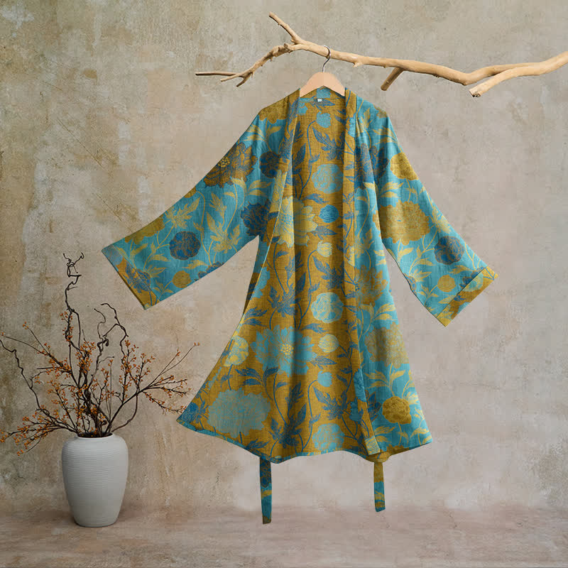 Vintage Floral Cotton Robe - Blue & Green - 2XL - image 10