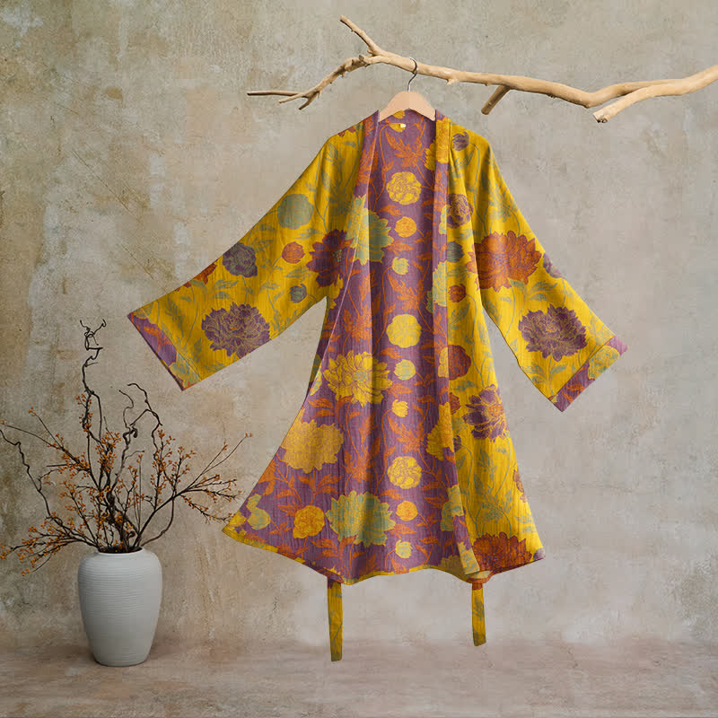 Vintage Floral Cotton Robe - Yellow & Purple - 2XL - image 20