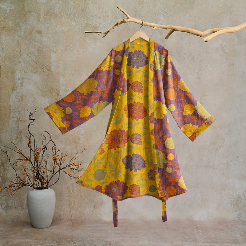 Vintage Floral Cotton Robe - Purple & Yellow - 2XL - image 25