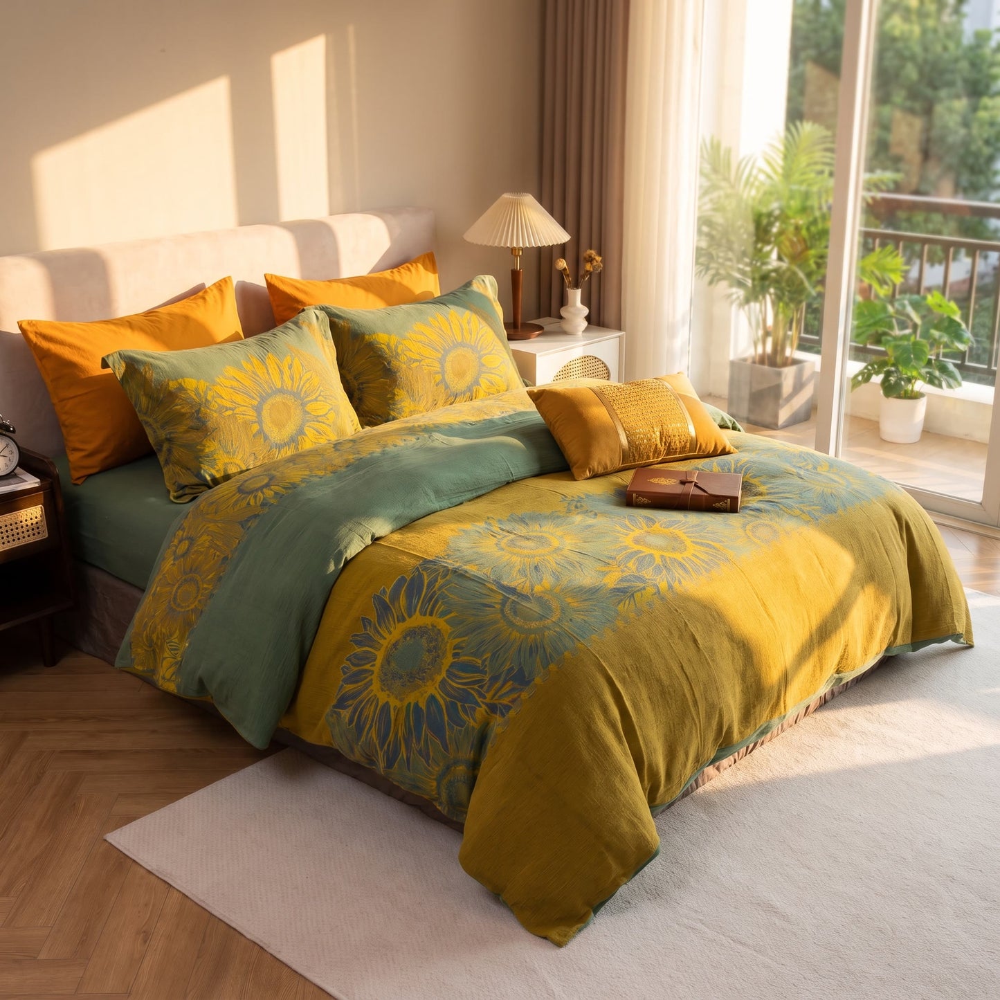 Vintage Sunflower Cotton Gauze Bedding Set - Green & Yellow - Queen - image 19